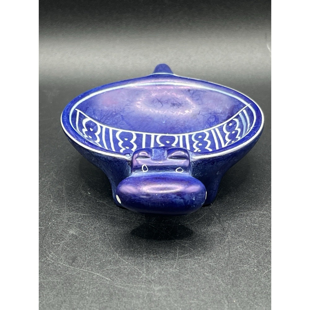 Blue Hand Carved‎ Soapstone House Hippo Trinket Dish w/ White Design Kenya 3.25"